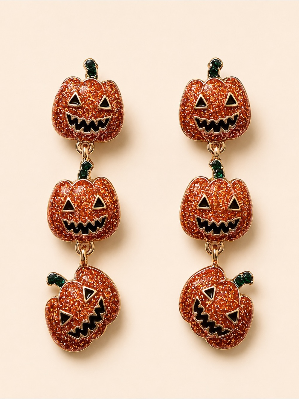 Glitter Jack-O’-Lantern Triple Drop Halloween Earrings